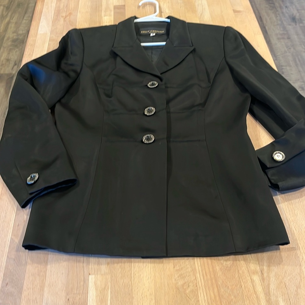Vintage 90s Kelly Graham New York Fitted 3 Button Long Satin Blazer 12 P Black